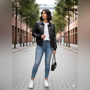 Oversized Faux Leather Shacket in Black - Size Large